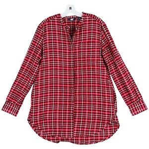 Lands End Womens Tunic Shirt Medium 10-12 Red Plaid Flannel Cotton Oversized